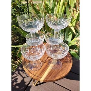 Six Crystal Champagne Coupes with Cut Glass Detailing, 4"H